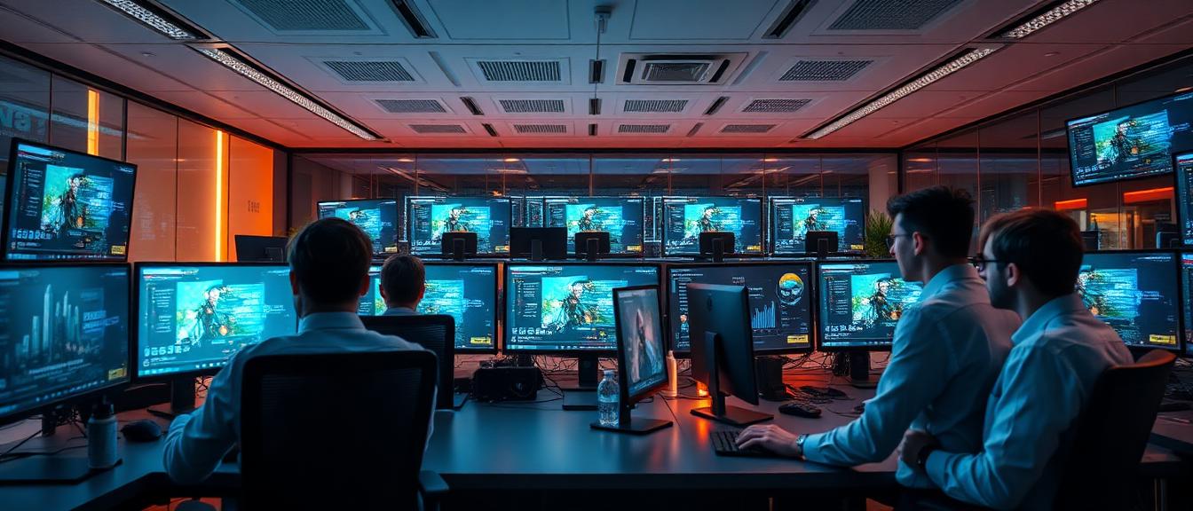 Wide view of the Brentfordia workspace with team members and screens showing game interfaces