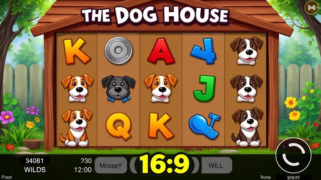 The Dog House gameplay with sticky wilds on the reels, cartoon dog characters and a garden backdrop