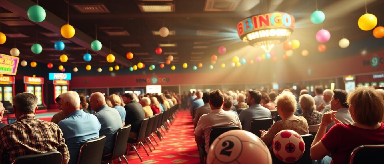 Cheerful bingo hall scene with players marking cards, colourful bingo balls and a friendly caller at the front