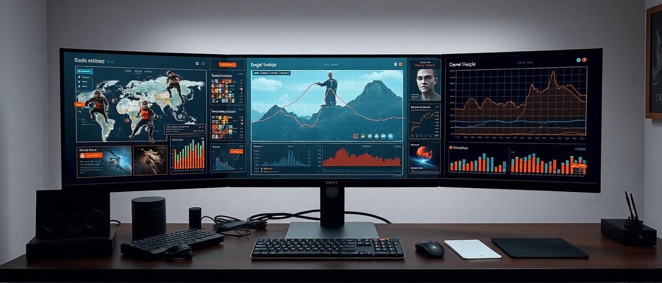 Behind-the-scenes illustration showing game design wireframes, engagement graphs and UX flow diagrams on a designer's workstation