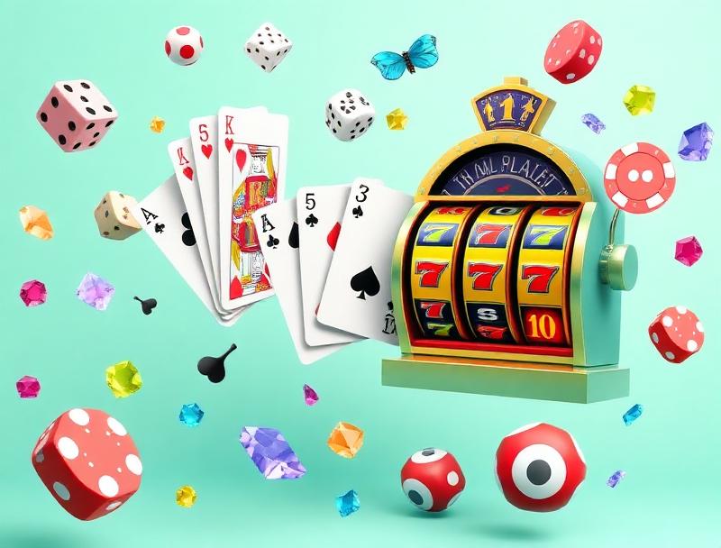 Free games — collage of playing cards, dice, slot machines, gems and bingo balls on a soft mint/teal gradient, entertainment mood